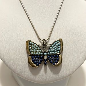 Vintage Butterfly Pendant Necklace With Blue Beads On Brushed Silvertone 18”